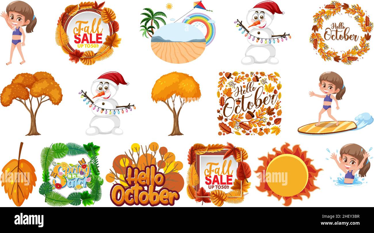 Set of four seasons trees and nature objects illustration Stock Vector ...
