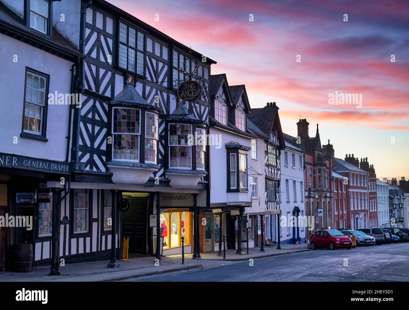 The Angel along broad street in winter at dawn. Ludlow, Shropshire, England Stock Photo