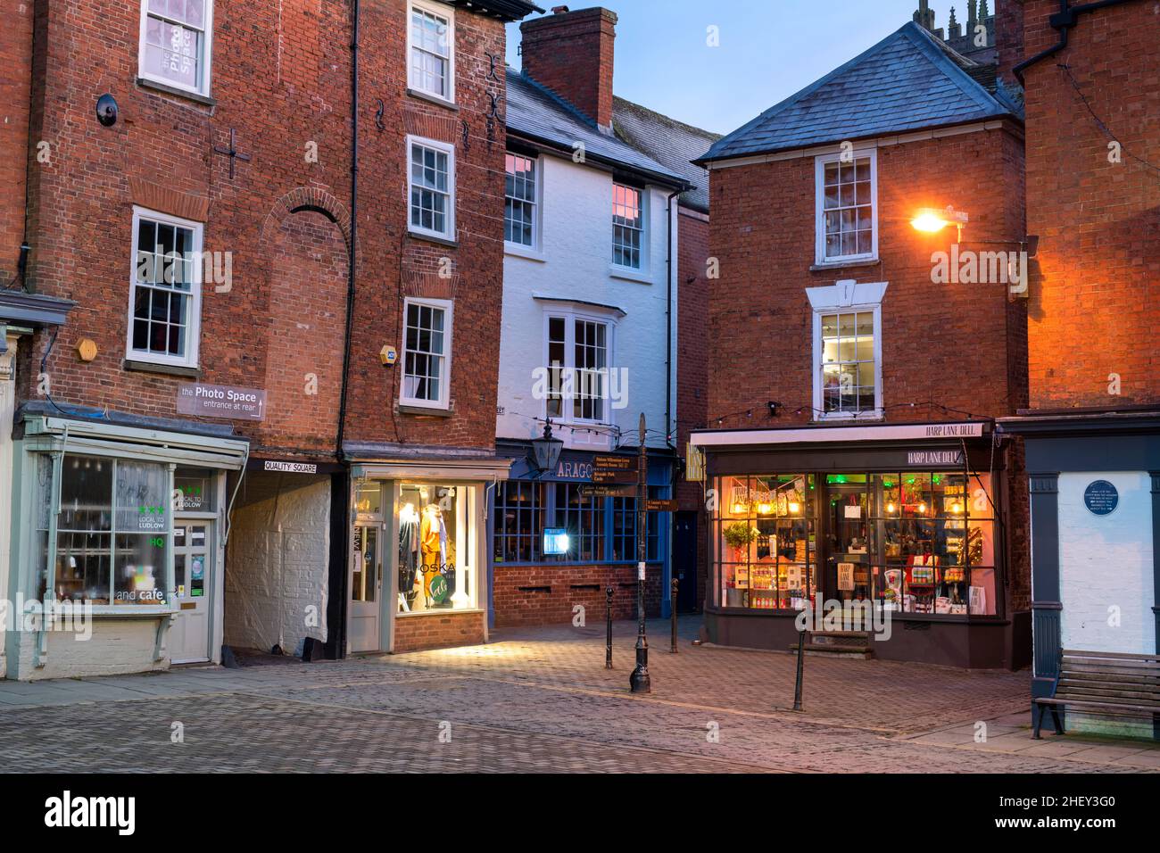 Shops in Castle Square at dawn. Ludlow, Shropshire, England Stock Photo