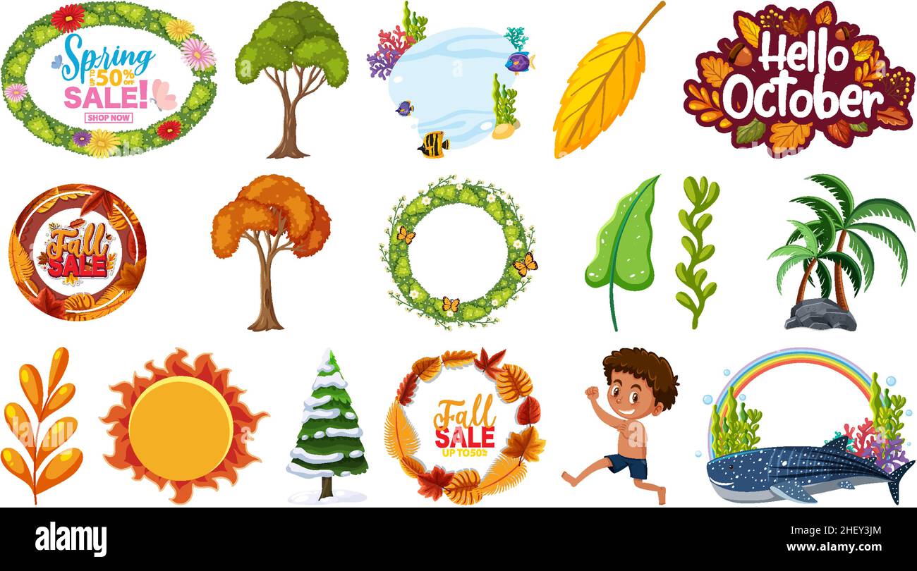 Set of four seasons trees and nature objects illustration Stock Vector ...