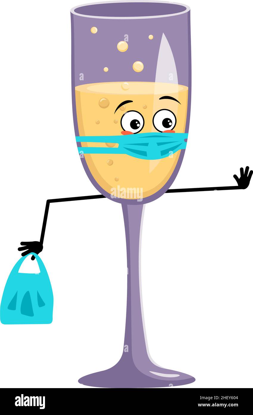 Glasses of sparkling wine character with sad emotions, face and mask keep distance, hands with shopping bag and stop gesture. Alcohol man with care expression, glass container for holidays and party Stock Vector