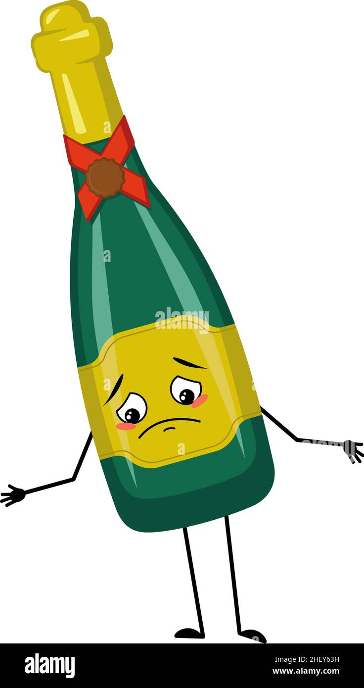 Bottle of sparkling wine character with sad emotions, depressed face