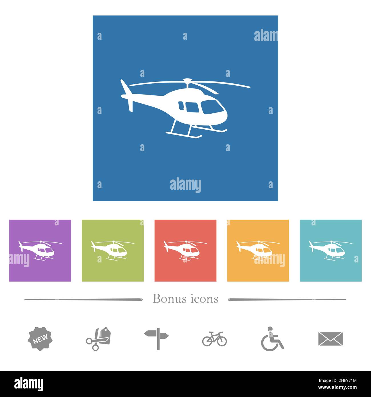 Helicopter silhouette flat white icons in square backgrounds. 6 bonus ...