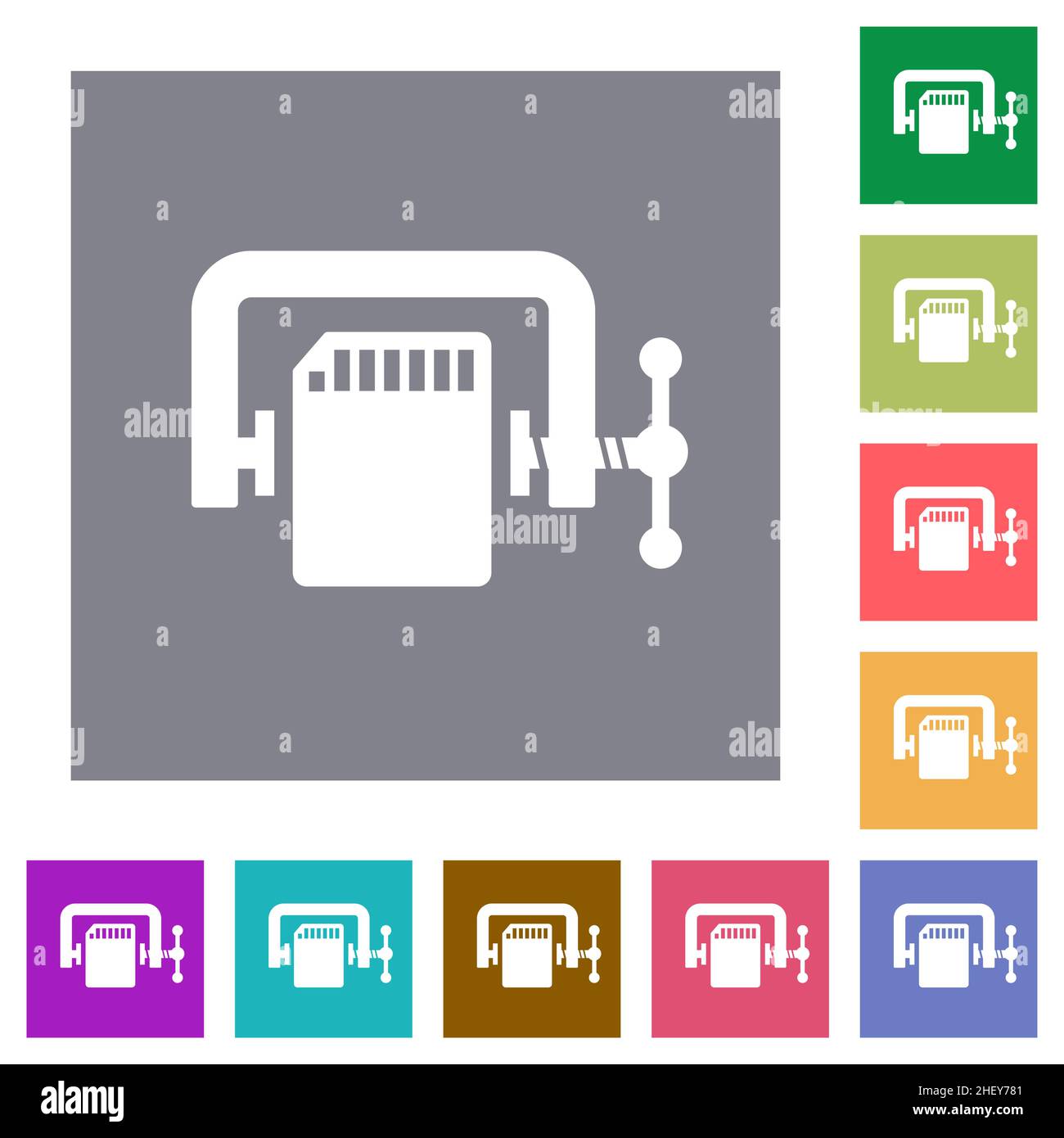 SD memory card compress solid flat icons on simple color square backgrounds Stock Vector