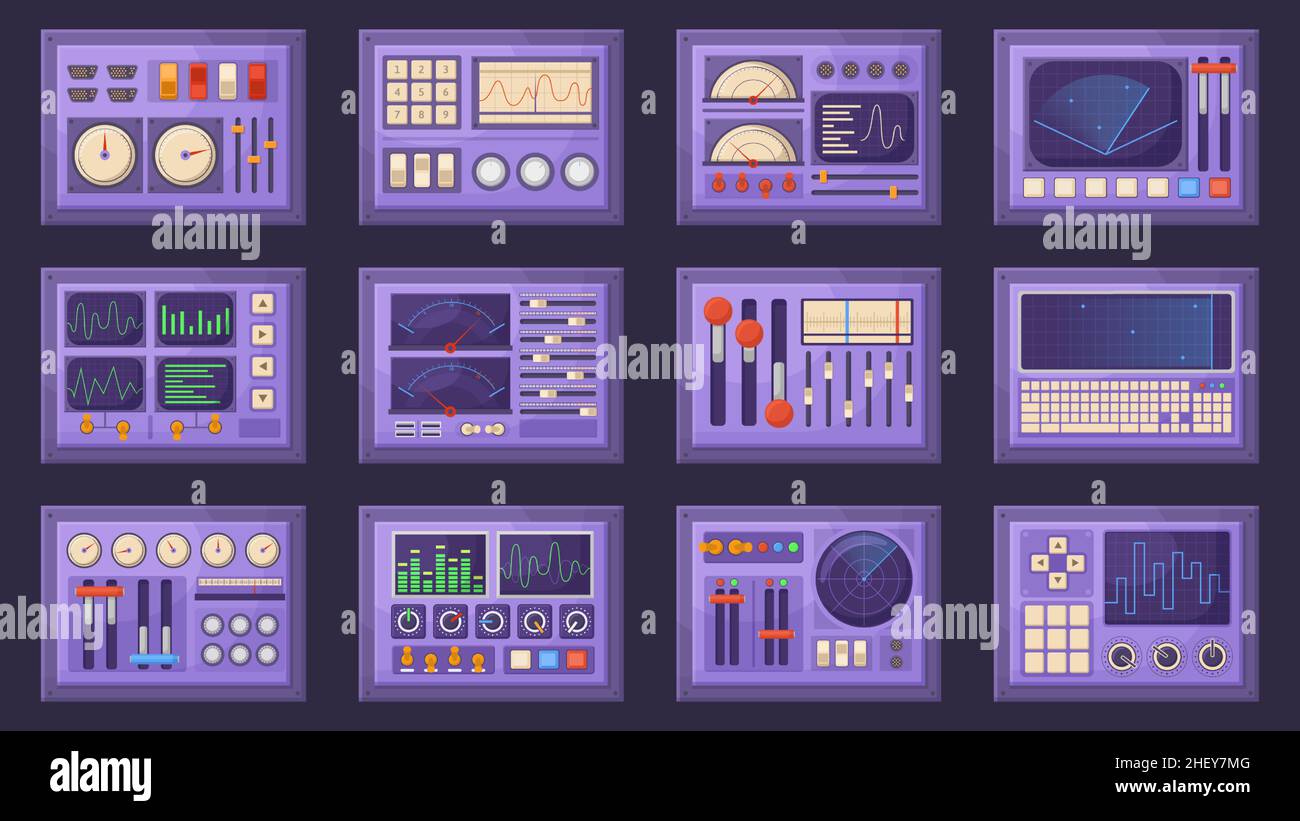 Retro control panels, spacecraft dashboard with dials, tuners and levers. Old computer interface elements isolated vector illustration set. Control pa Stock Vector