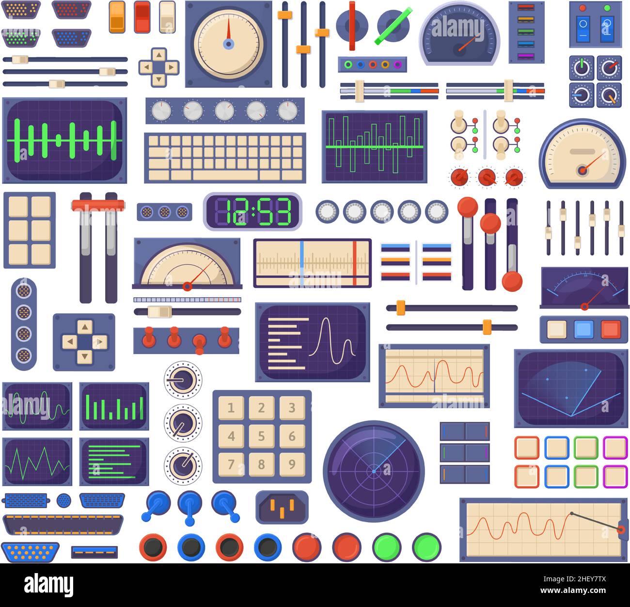 Control panel elements, buttons dials, tuners and connection ports. Retro control panel interface elements vector illustration set. Electronic Stock Vector