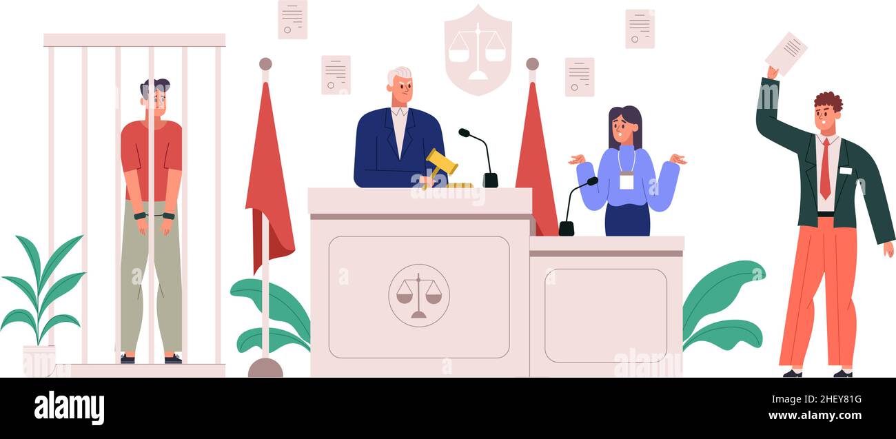 Incrimination Court room interior, trial process with lawyer protect defendant ...