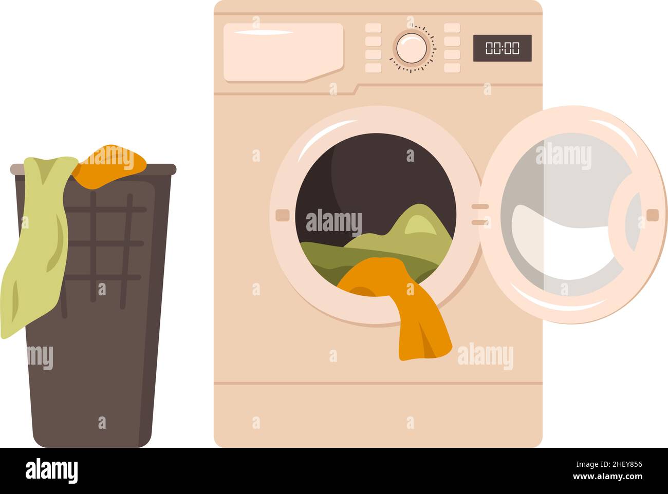 Washing machine icon and basket for dirty clothes. Front view of appliances in the bathroom. Vector flat illustration Stock Vector