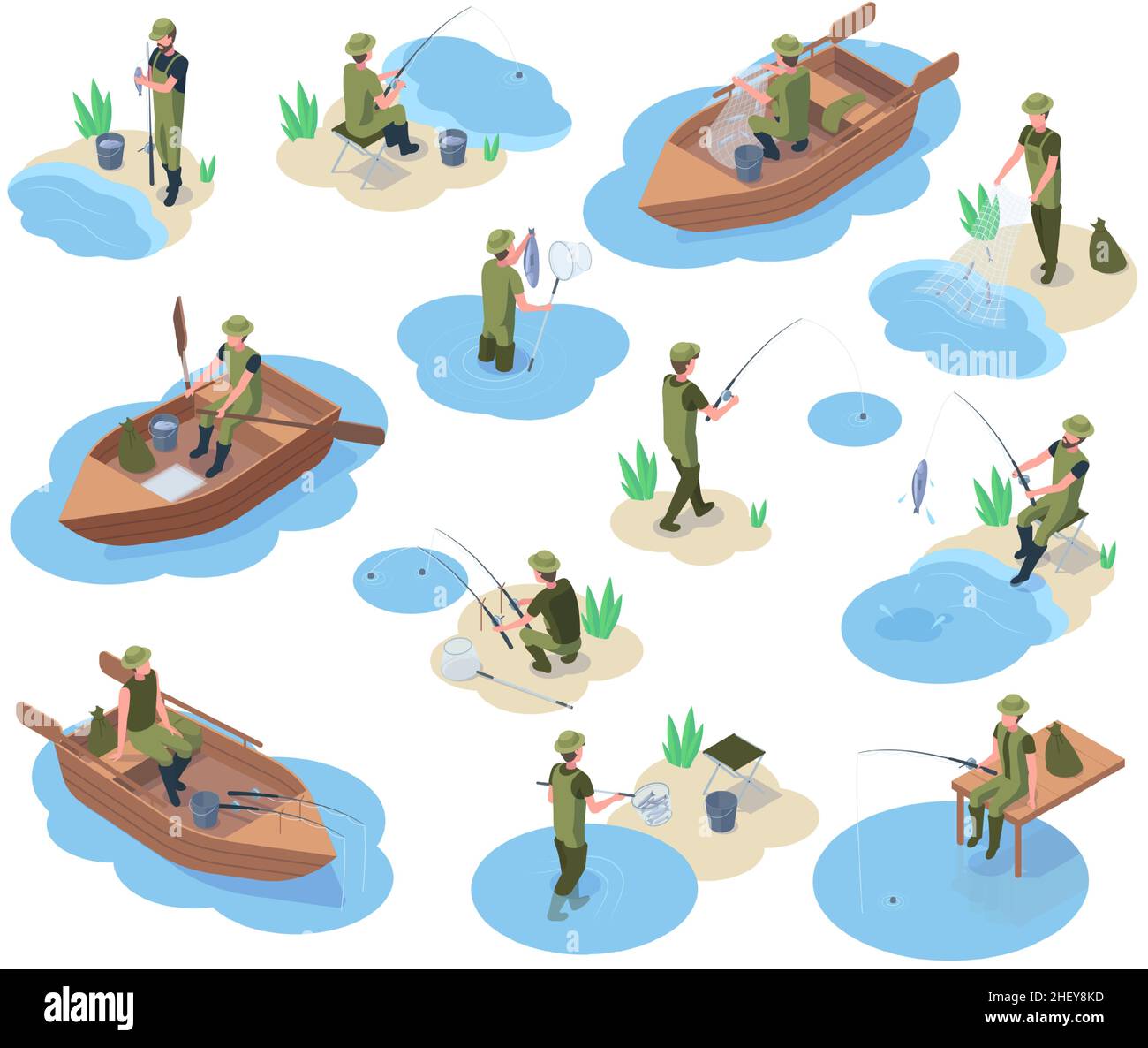 Isometric fishermen catching fish, boat and fishing equipment. River or