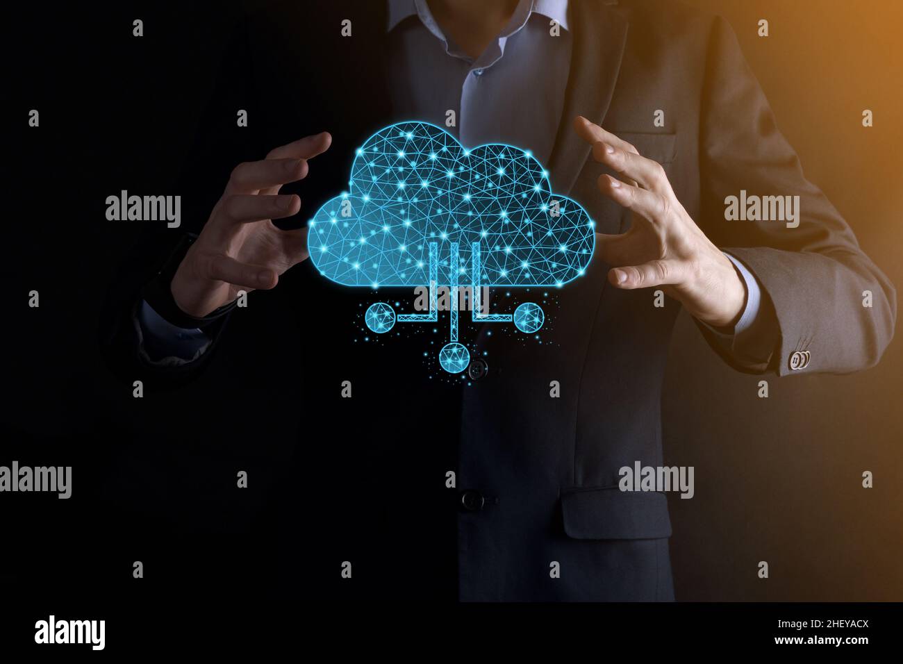 Cloud technology. Polygonal wireframe cloud storage sign with data collection icon on dark blue. Cloud computing, big data center, future infrastructu Stock Photo
