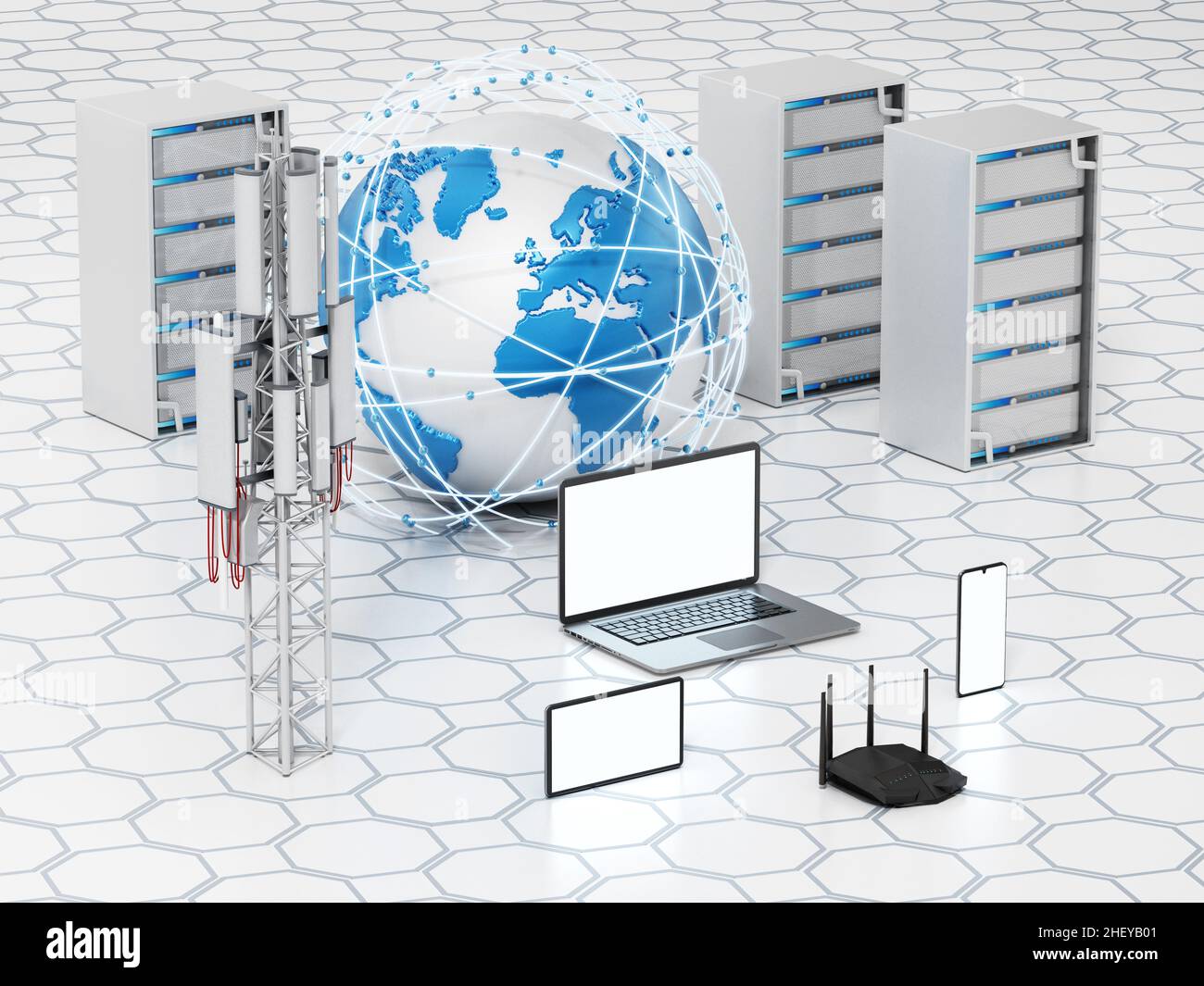 Global network. Smart devices, globe, base station, network server and
