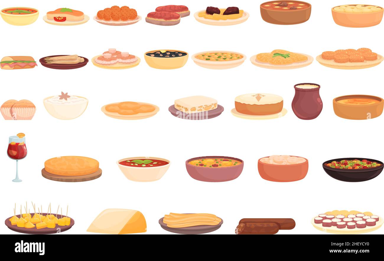 Spanish cuisine icons set cartoon vector. Food plate. Cuttlefish pasta Stock Vector