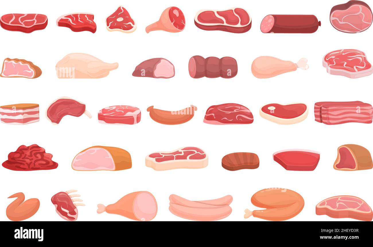 Meat shop icons set cartoon vector. Food protein. Healthy supermarket Stock Vector