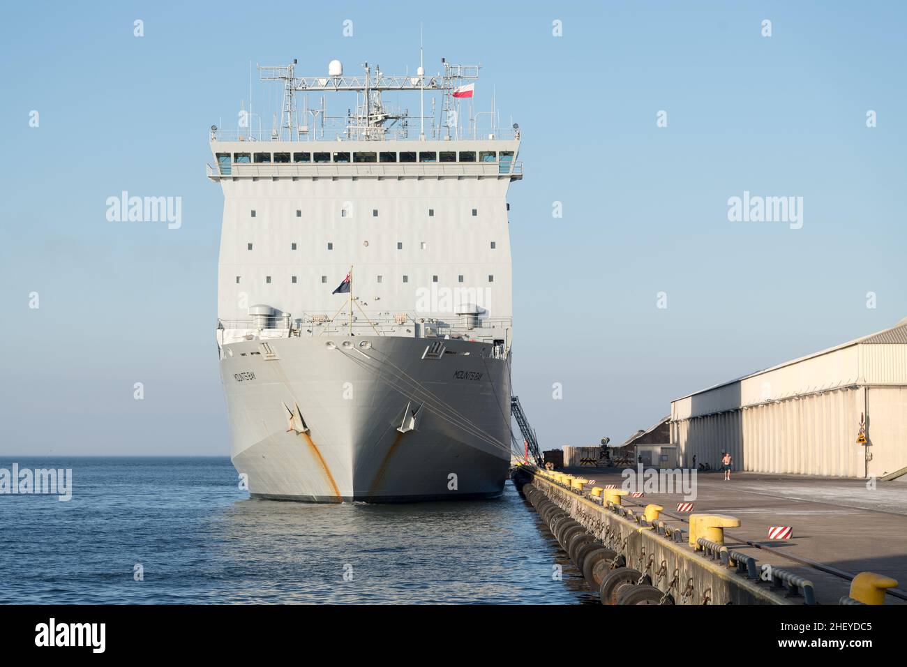 British RFA Mounts Bay L3008 a Bay-class auxiliary landing ship dock (LSD(A) in Port of Gdynia, Poland © Wojciech Strozyk / Alamy Live News Stock Photo