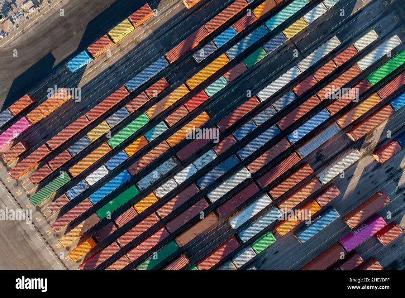 Aerial Top Down View of Multicolored Containers Stock Photo