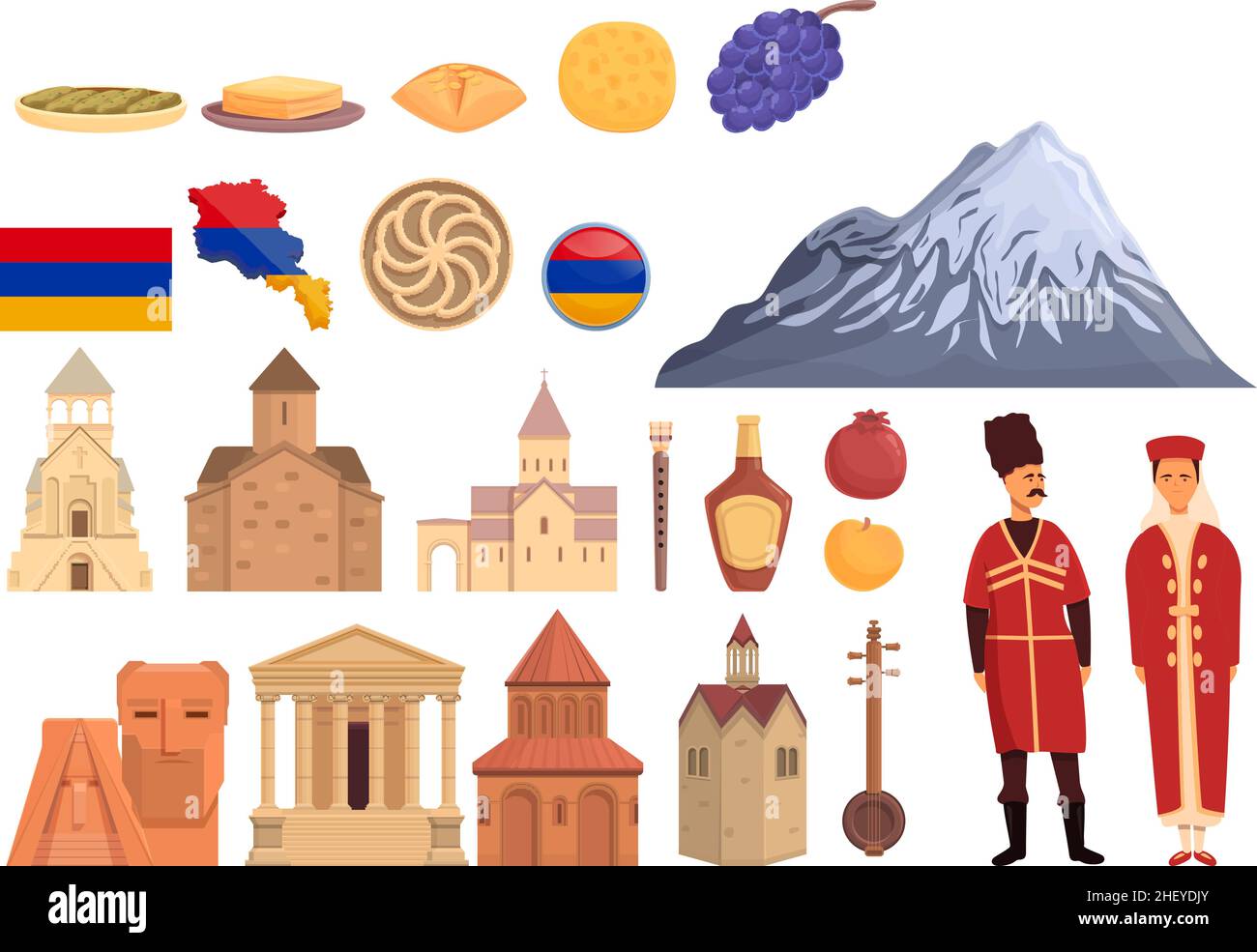 Armenia icons set cartoon vector. Tourism architecture. National city Stock Vector