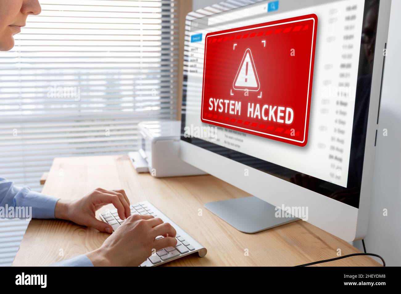 System hacked alert after cyber attack on computer network. Cybersecurity vulnerability on internet, virus, data breach, malicious connection. Employe Stock Photo