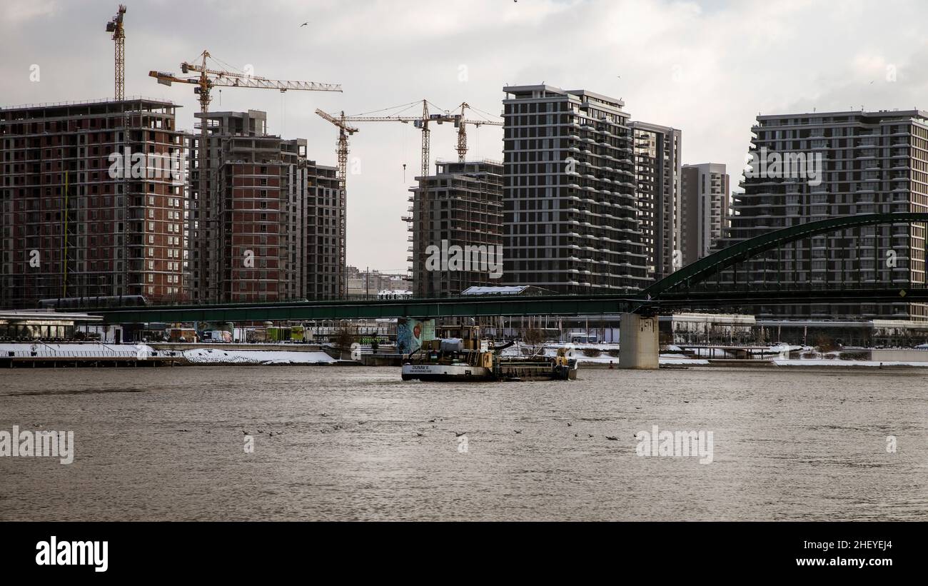 Serbia: View of 'Belgrade Waterfront' residential resort construction site on the Sava river coastline Stock Photo