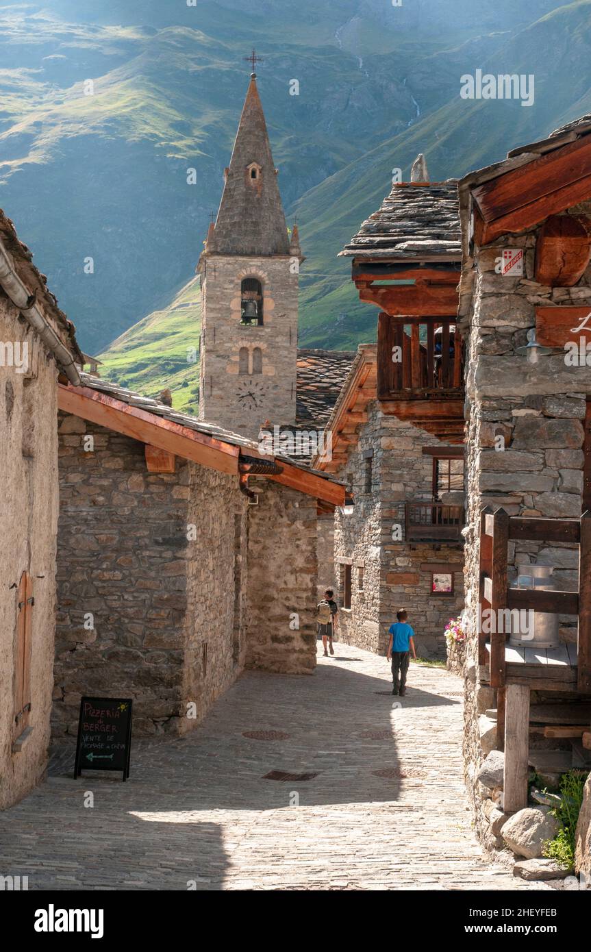 Main street in the village of Bonneval-sur-Arc listed as one of the most beautiful villages of France, Vanoise National Park, Haute-Maurienne, Savoie Stock Photo
