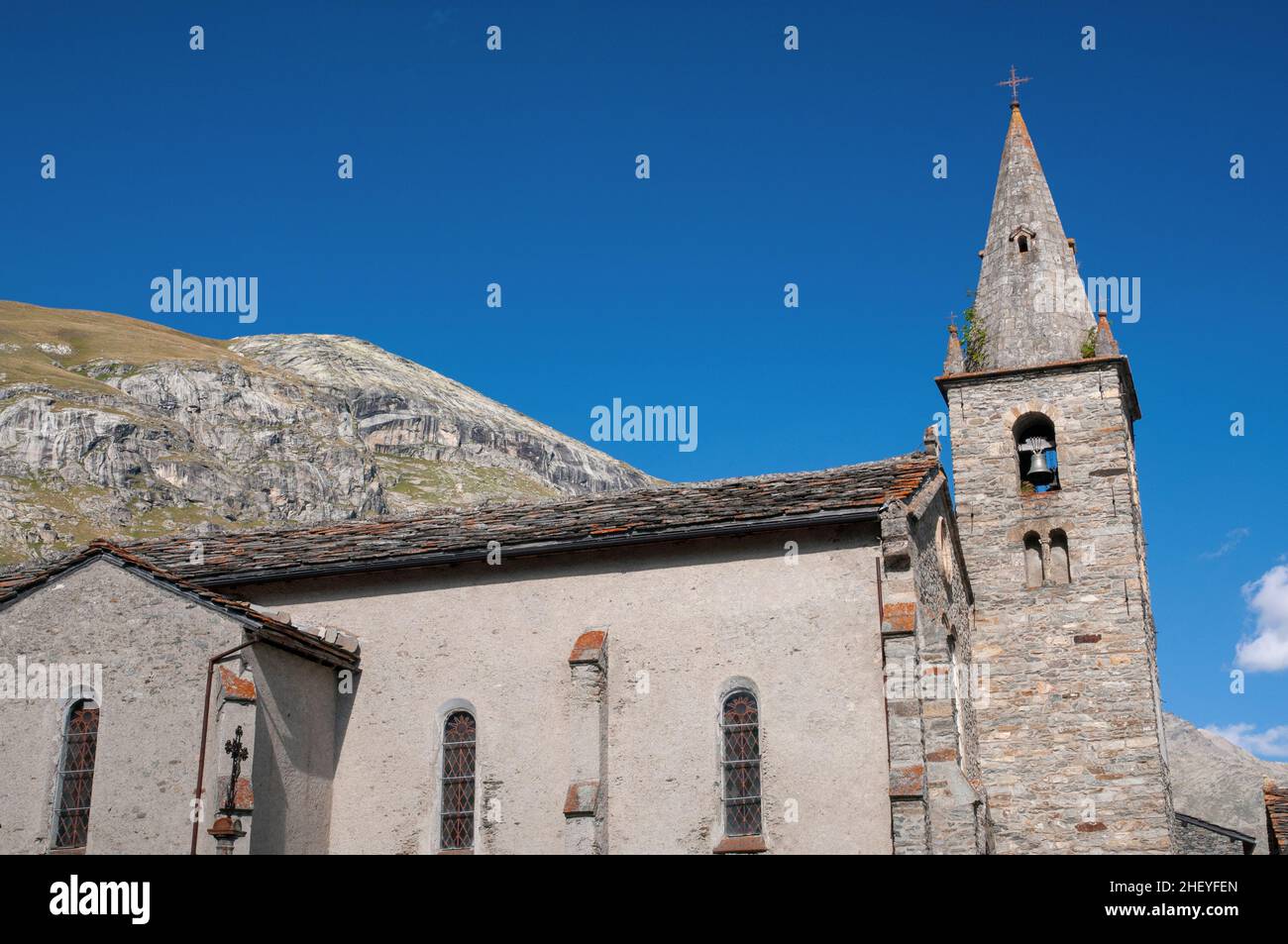Church in the village of Bonneval-sur-Arc listed as one of the most beautiful villages of France, Vanoise National Park, Haute-Maurienne, Savoie (73), Stock Photo