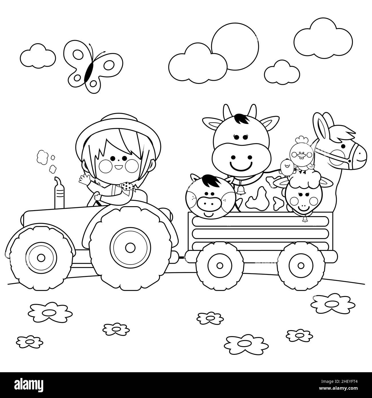 Little farmer boy at the farm driving a tractor, carrying animals. Black and white coloring page. Stock Photo