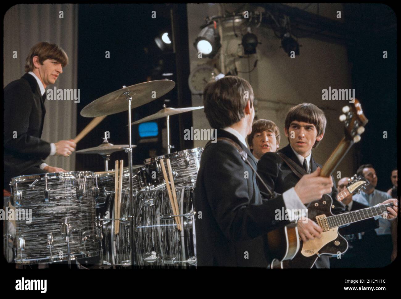 The Beatles on stage at The Ed Sullivan Show, New York. 1964. Gotfryd, Bernard, photographer. Stock Photo