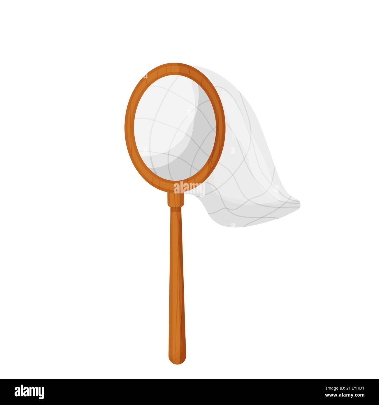 Net with wooden handle butterfly or fish catcher in cartoon style isolated on white background. Equipment for fishing, hobby. Vector illustration Stock Vector