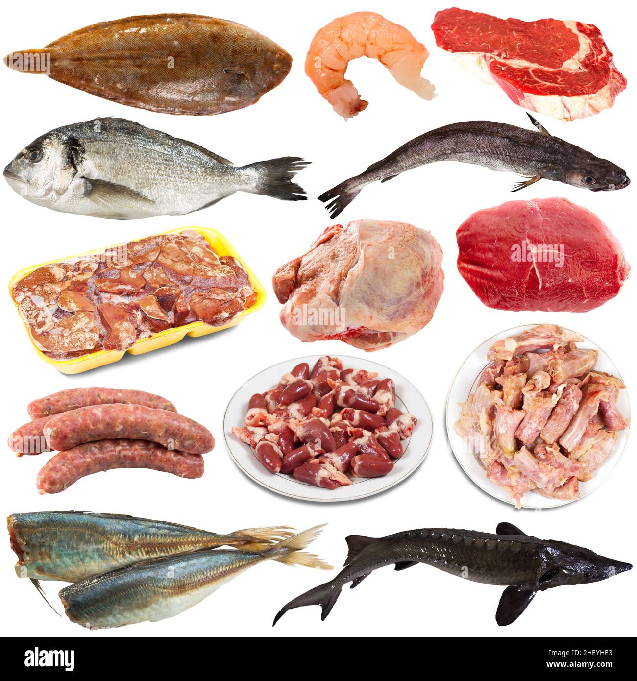 Raw meat, fish and poultry isolated on white background Stock Photo Alamy