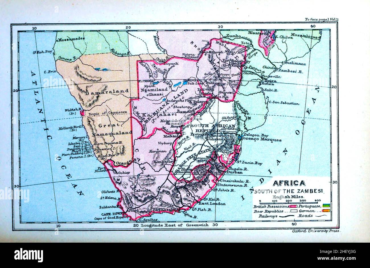 Map of Africa South of the Zambesi The Zambezi River (also spelled Zambeze and Zambesi) from the book HISTORICAL GEOGRAPHY OF THE BRITISH COLONIES printed in 1897 Stock Photo