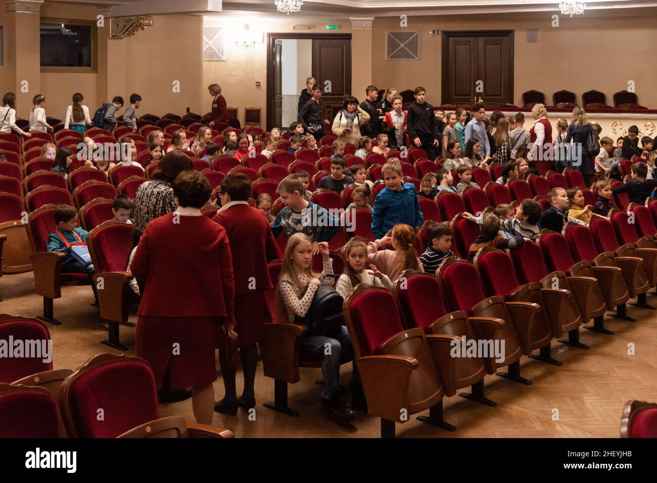 At the Bashkir State Opera and Ballet Theater in Ufa, Russia, the audience takes their places in the pre-show hall. Stock Photo