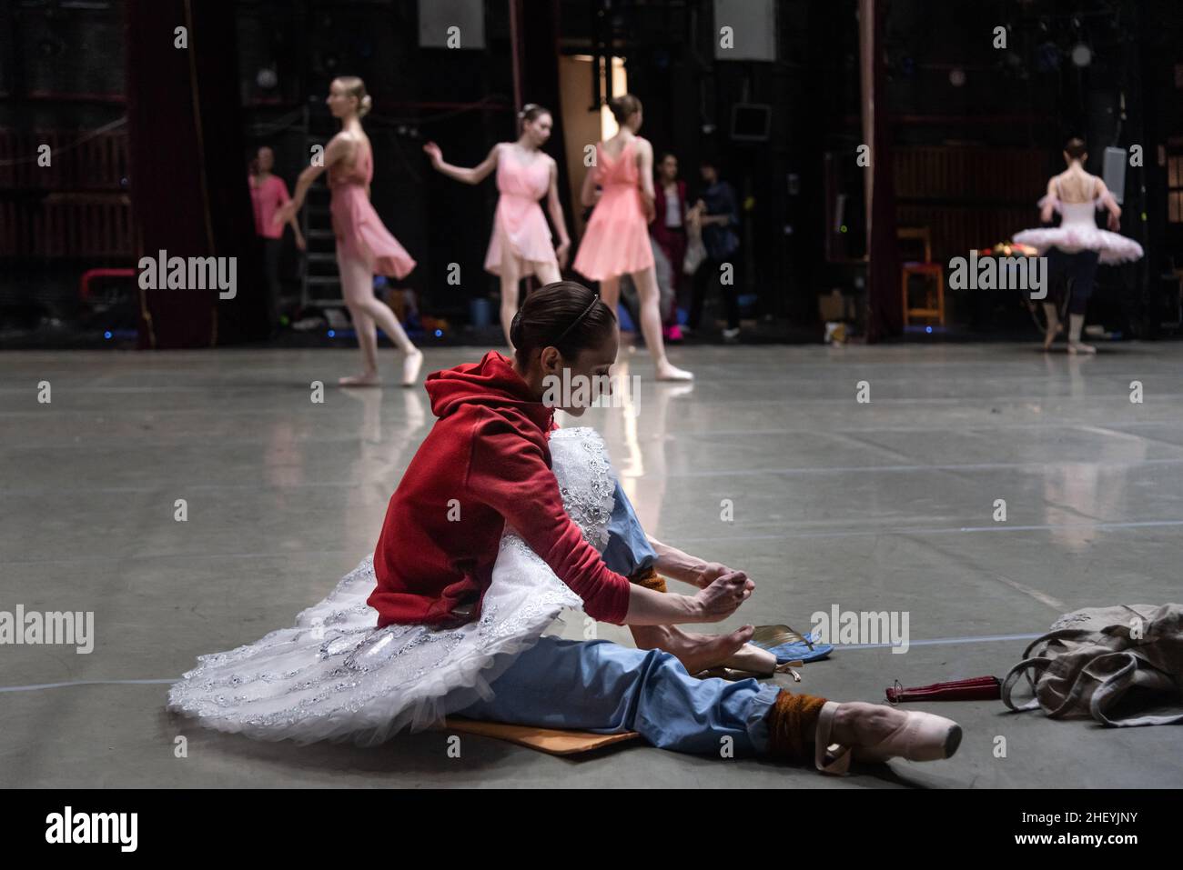 A Russian ballet dancer is preparing before the show. Bashkir State Opera and Ballet Theatre (Ufa) Stock Photo