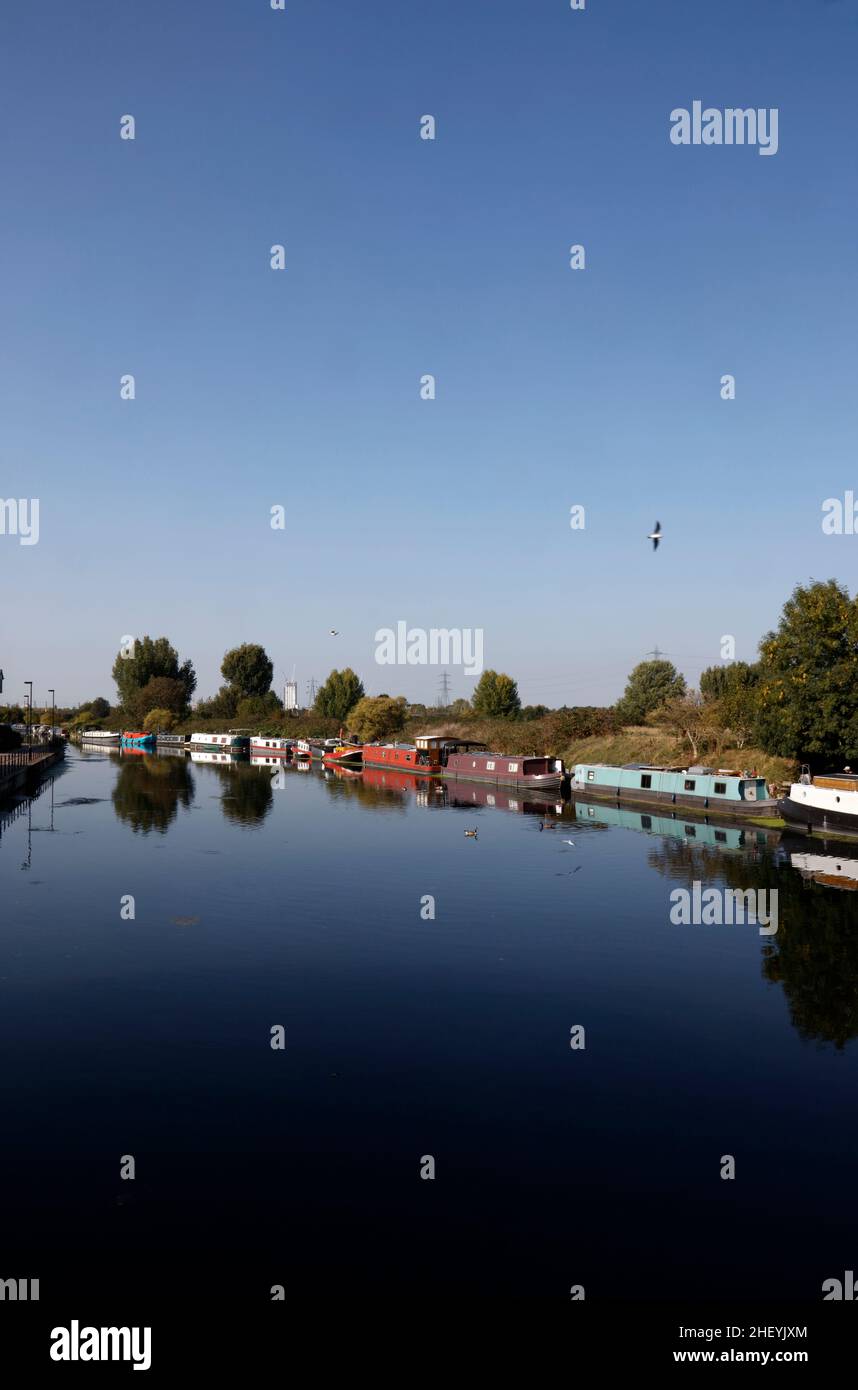 Canal boats moored on River Lea at Walthamstow Marshes, Walthamstow, London, UK Stock Photo