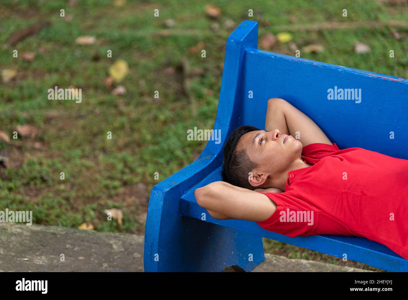 Portrait of young  man lying on a park bench Stock Photo