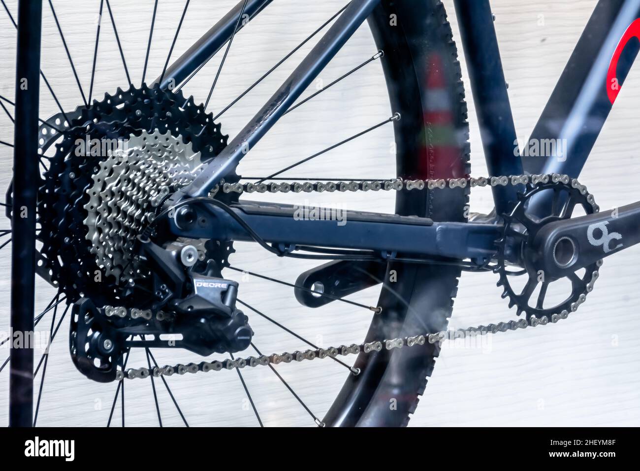 Close up and detail wheel and gear shifter of the black mountain bike Stock Photo Alamy