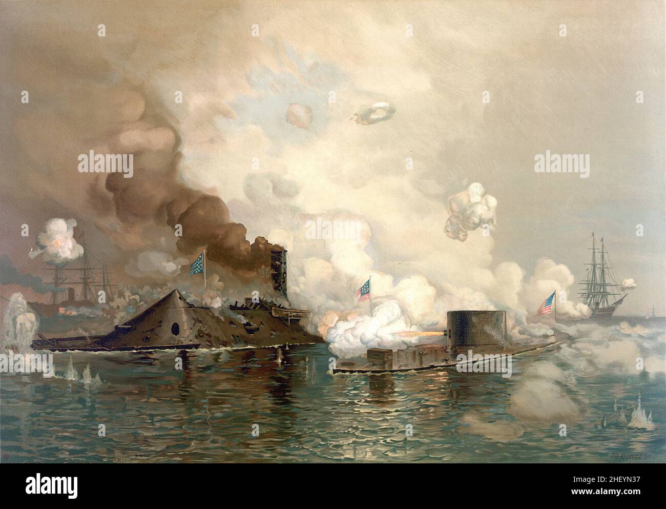 Chromolithograph depicting the Battle of Hampton Roads 1862 Stock Photo