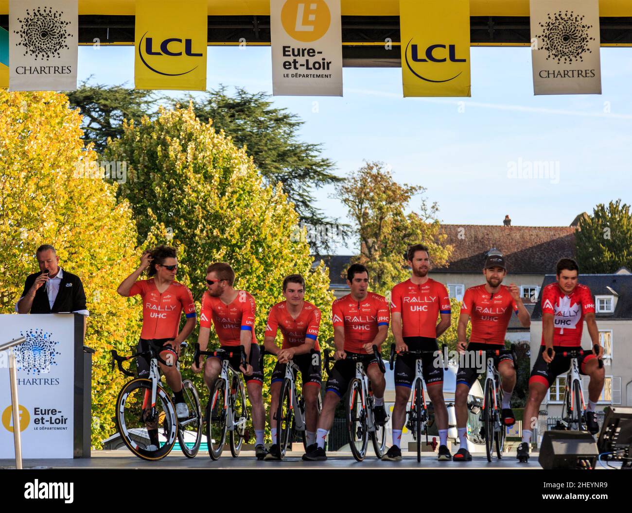 Chartres, France - October 13, 2019: Team Rally UHC Cycling is on the podium in Chartres, during the teams presentation before the autumn French cycli Stock Photo