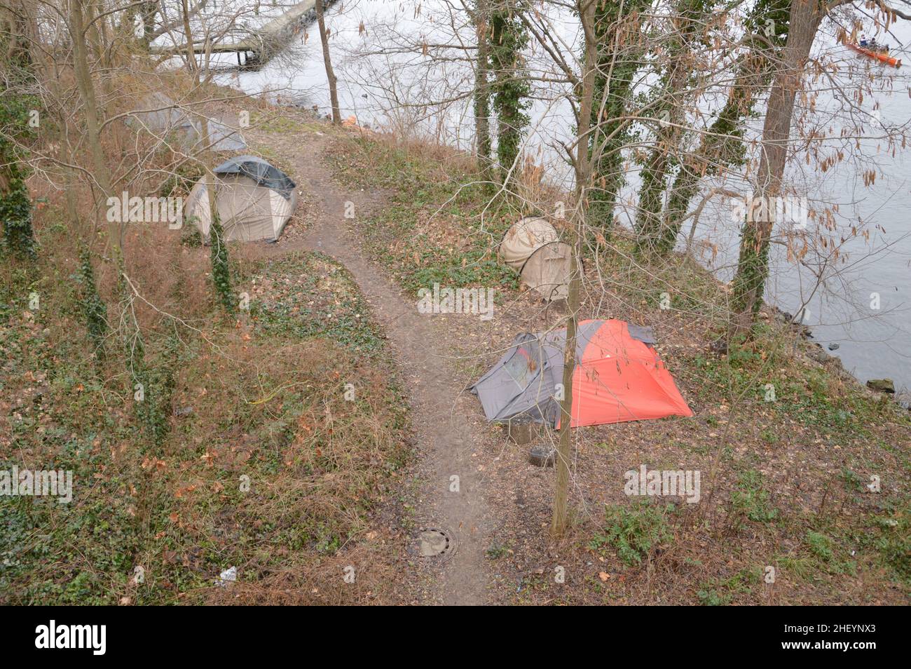 Homeless tents in Wannsee, Berlin, Germany - January 9, 2022. Stock Photo