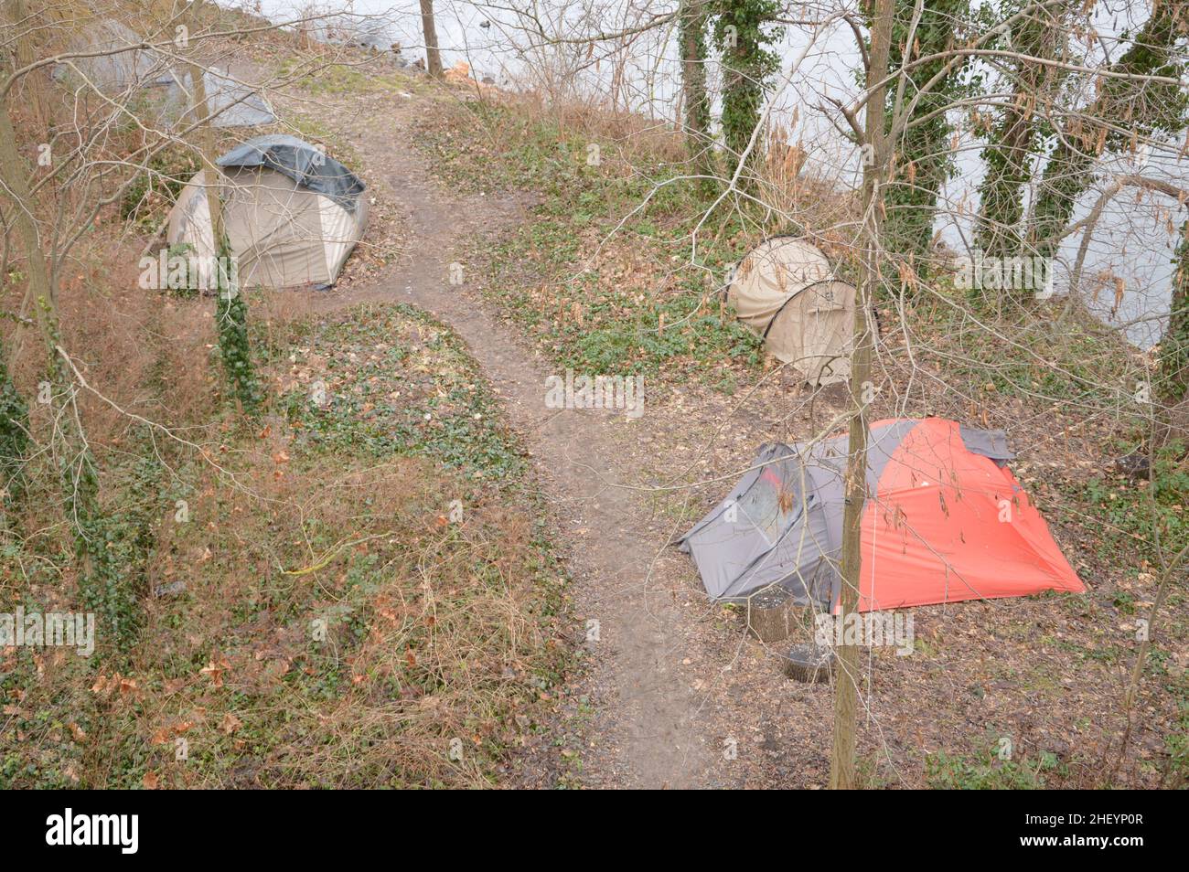 Homeless tents in Wannsee, Berlin, Germany - January 9, 2022. Stock Photo