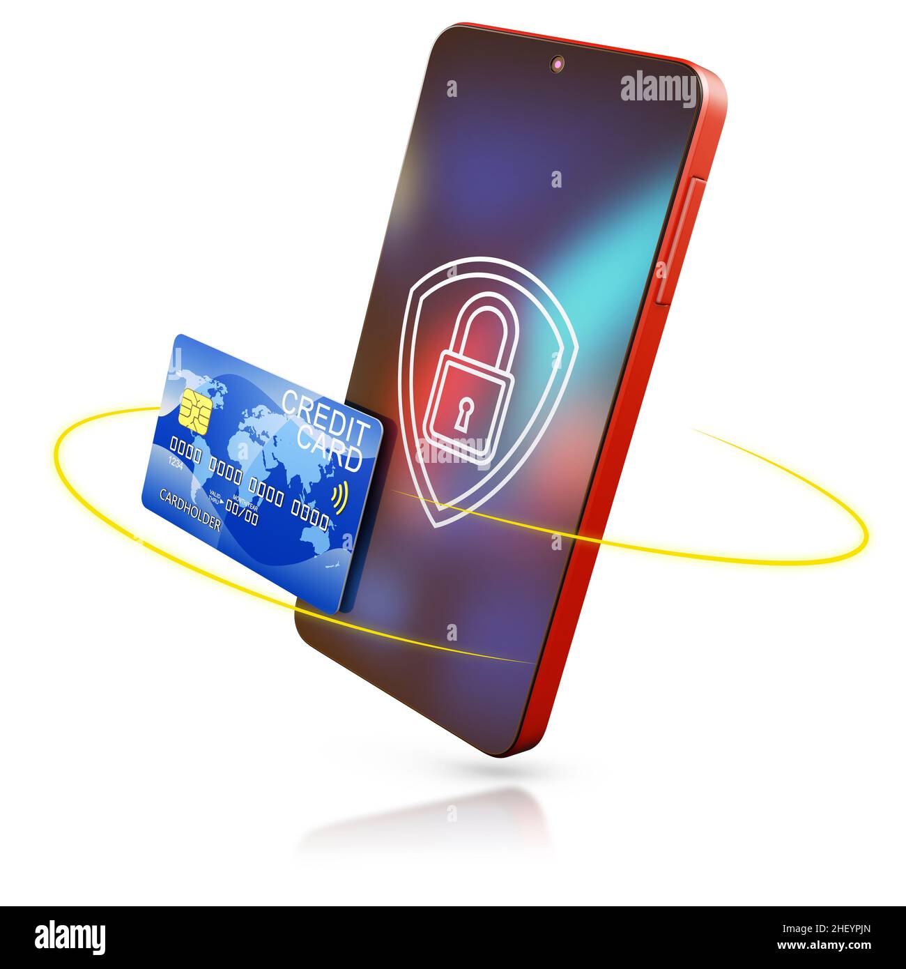 smartphone with a lock on the screen next to a bank card. 3d render ...