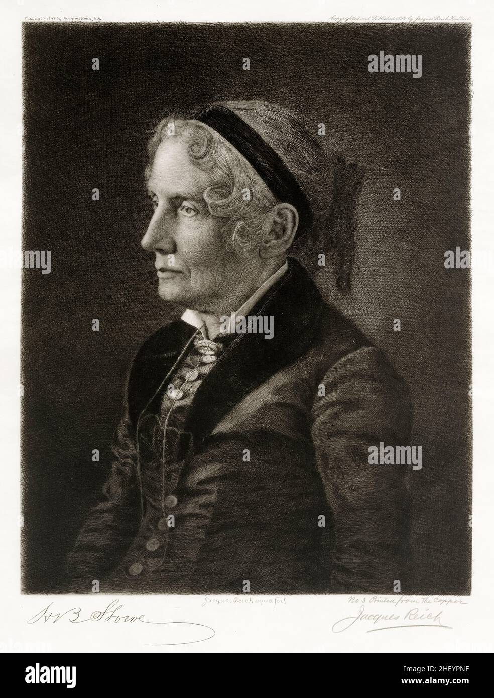 Harriet Beecher Stowe (1811-1896), novelist and slave trade abolitionist, portrait engraving by Jacques Reich, 1898 Stock Photo
