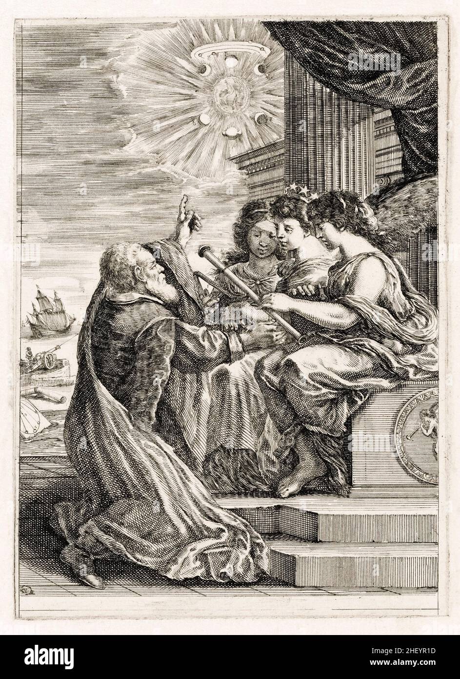 Frontispiece for 'Opere de Galileo Galilei', etching by Stefano della Bella, 1656 Stock Photo