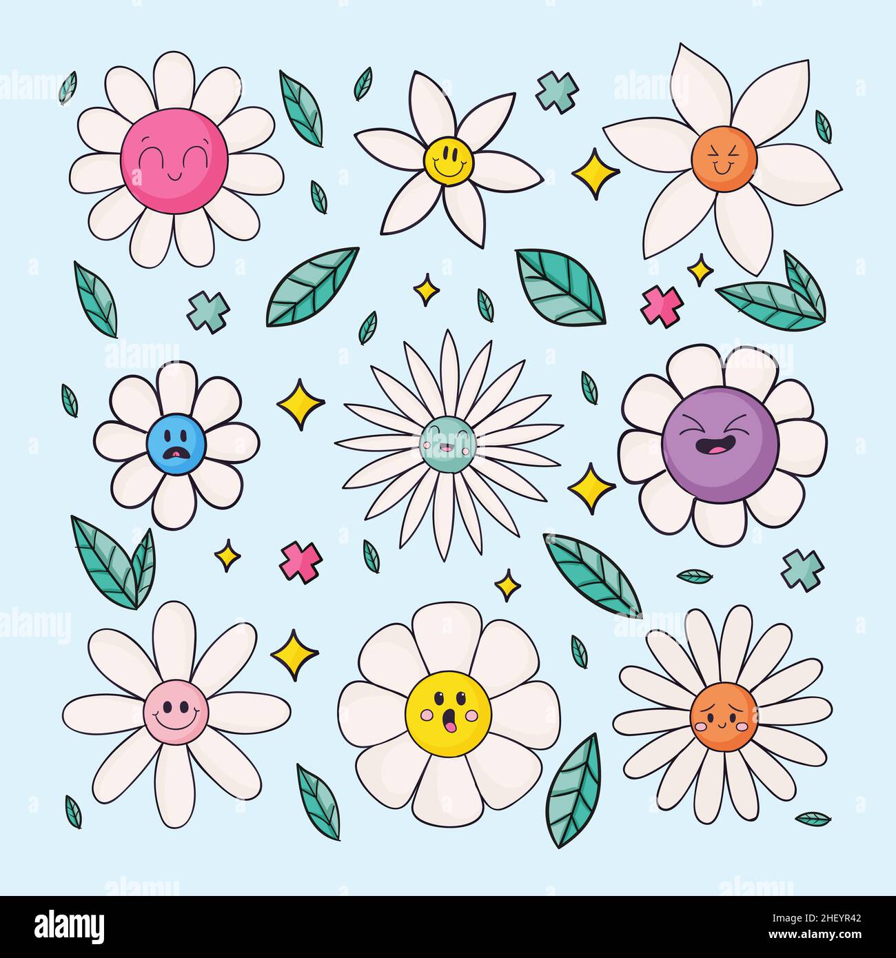 Hand drawn flat design smiley face flower Vector illustration Stock