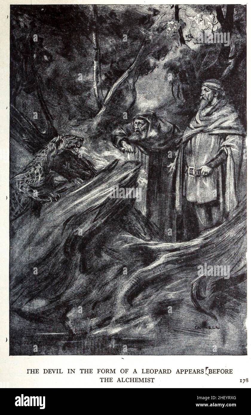 THE DEVIL IN THE FORM OF A LEOPARD APPEARS BEFORE THE ALCHEMIST from The Dark Story of Gilles de Retz in the book ' Legends and romances of Brittany ' by Lewis Spence, Publisher New York, Frederick A. Stokes 1917 Stock Photo