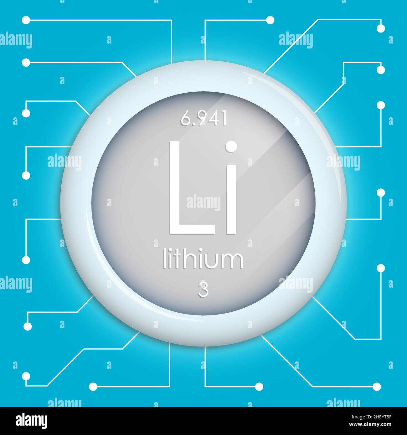 Realistic button with lithium symbol. Chemical element is hydrogen. Vector isolated on white background Stock Vector