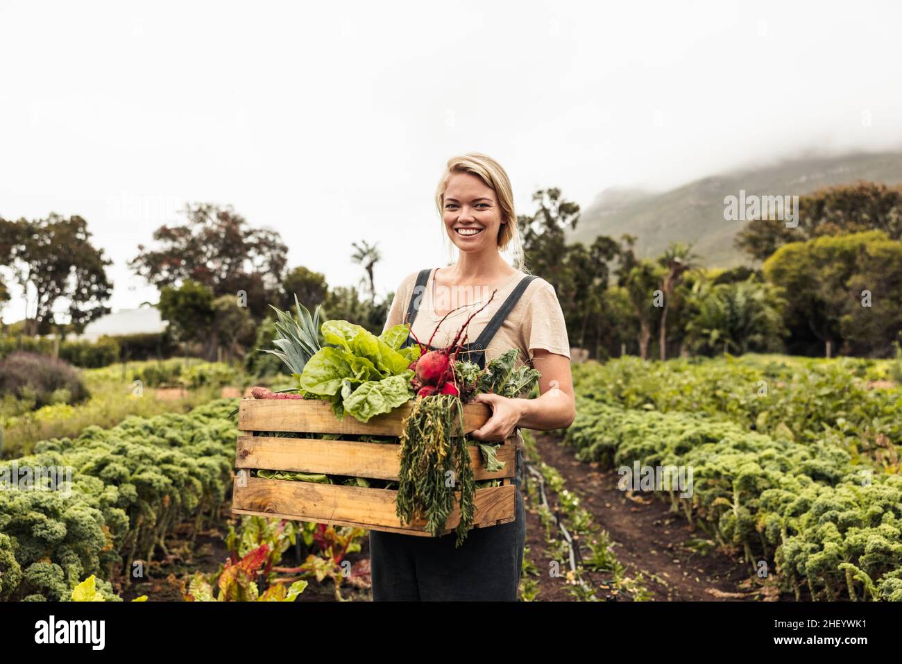 Smiling female farmer holding a box with fresh produce. Young female ...