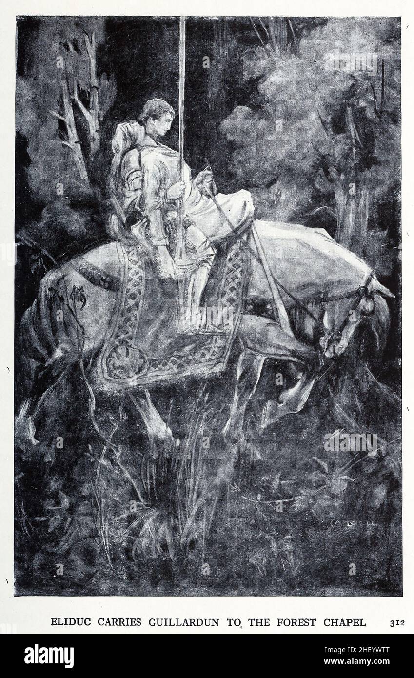 ELIDUC CARRIES GUILLARDUN TO THE FOREST CHAPEL from The Lay of Eliduc in the book ' Legends and romances of Brittany ' by Lewis Spence, Publisher New York, Frederick A. Stokes 1917 Stock Photo