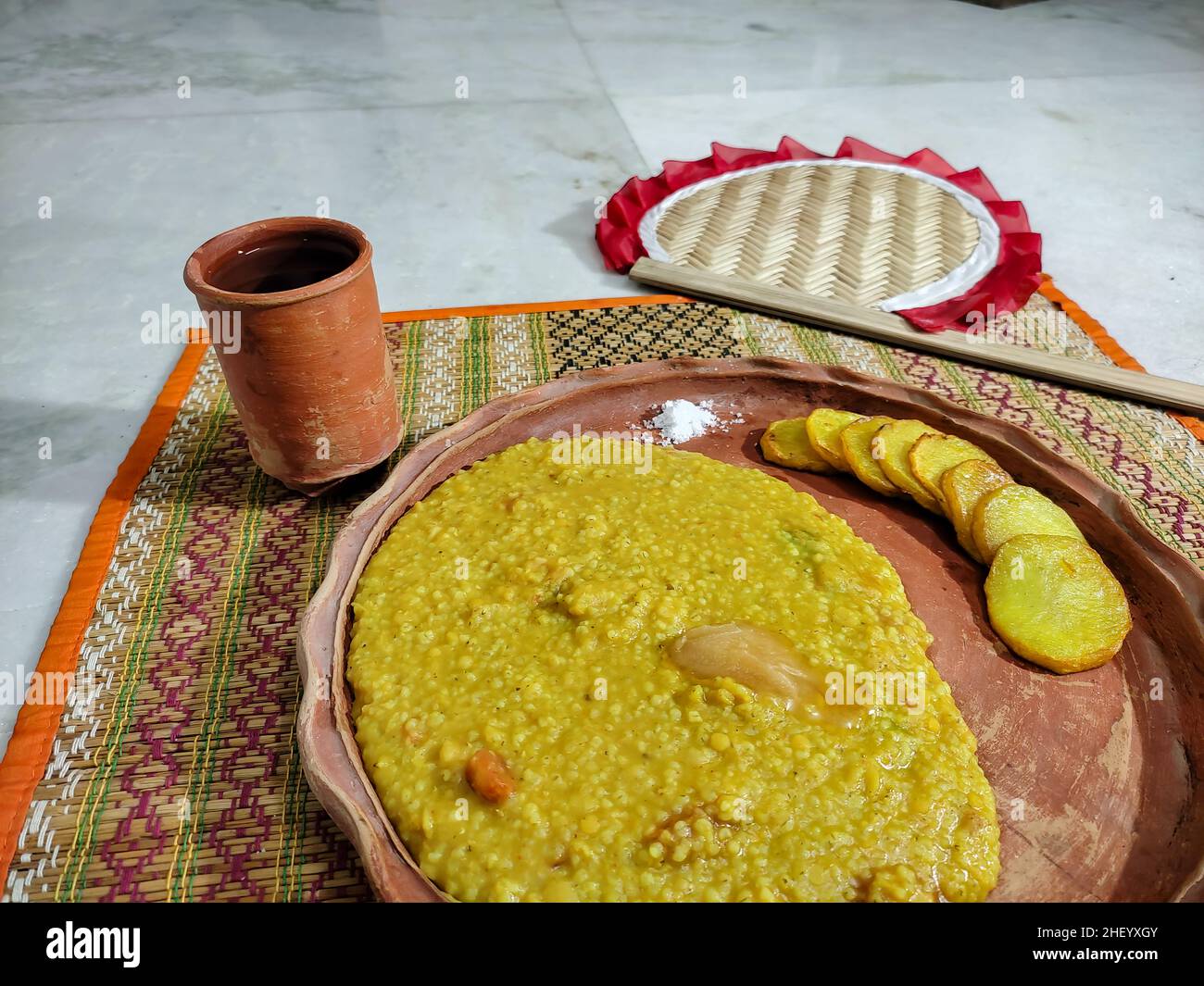 traditional indian bengali food khichuri or khichdi served on