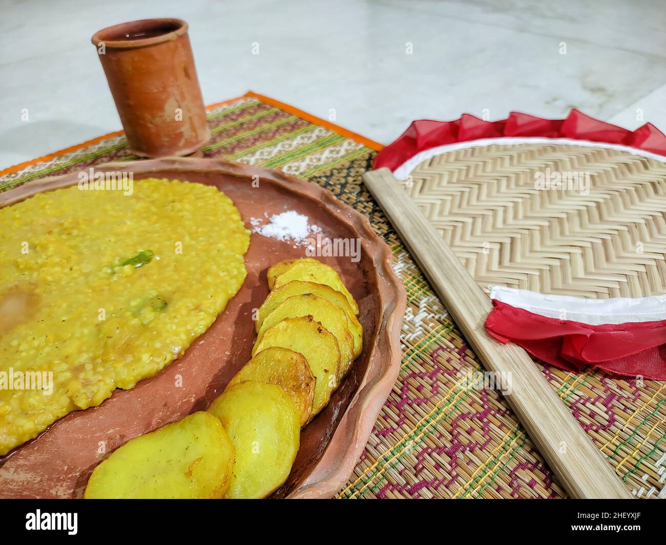 traditional indian bengali food khichuri or khichdi served on