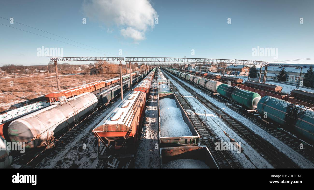 Freight trains from a height at the marshalling yard. Delivery of goods