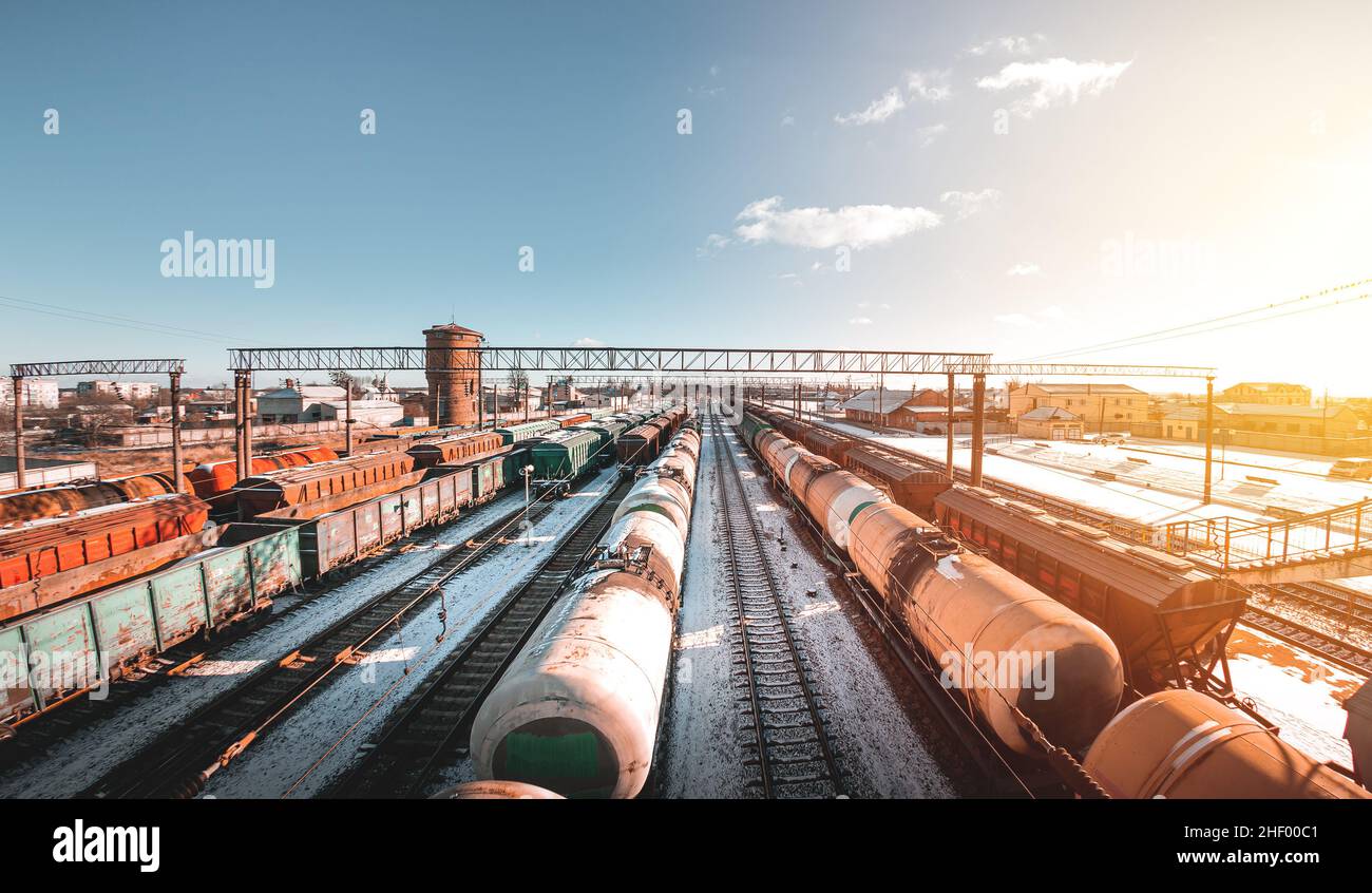 Freight trains from a height at the marshalling yard. Delivery of goods